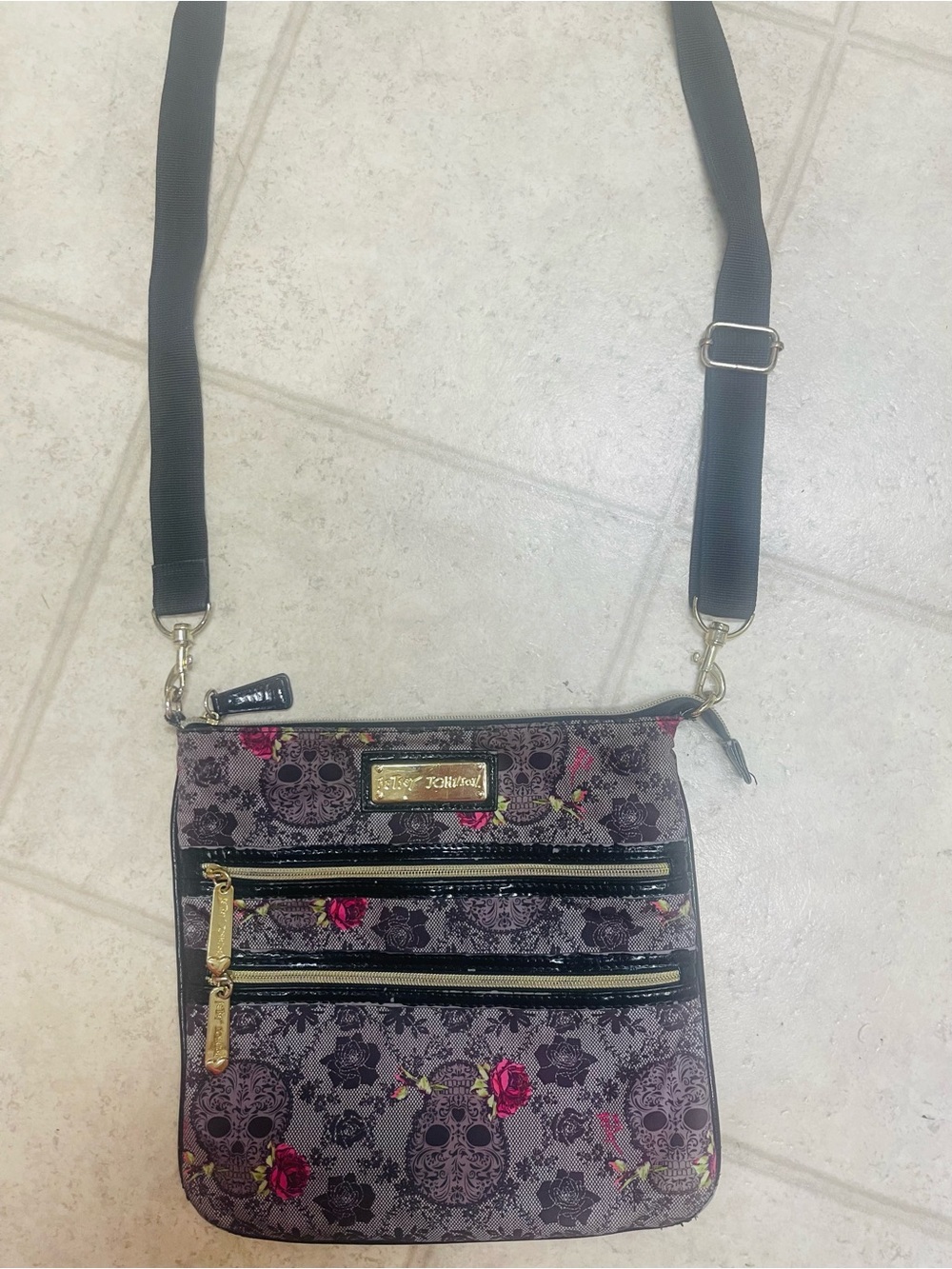 Betsey Johnson Gray Crossbody with Pink Floral & Skull Print